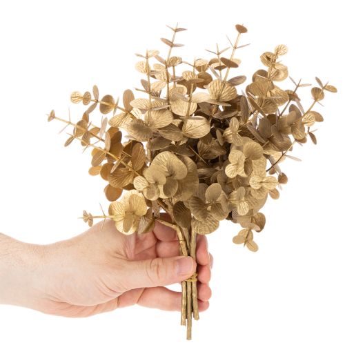 Umělý eukalyptus, zlatá dekorativní větvička na dekoraci stolu, 24 cm | Floristik24.cz