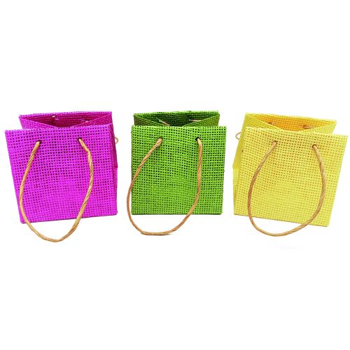 položky Dárkové tašky s uchy papírové růžové žluté zelené textilní vzhled 10,5cm 12ks