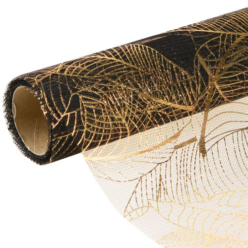 položky Organzový běhoun černo-zlatý – elegantní role dekorativní látky se vzorem listů 48 x 450 cm