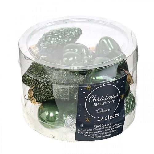 Floristik24 Mini vánoční ozdoby na stromeček mix zelené sklo vánoční ozdoby assort 4cm 12ks