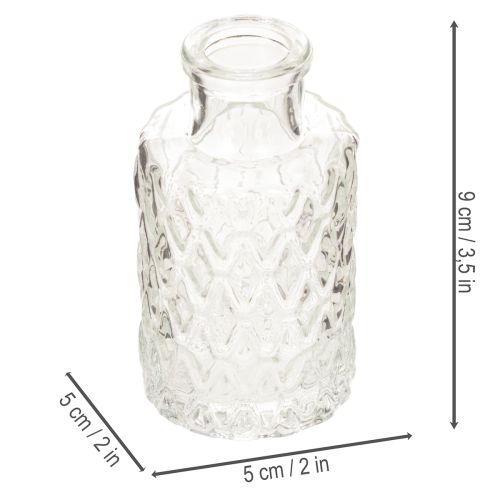 Mini skleněná váza s diamantovým vzorem, malá stolní váza, láhev, průhledná, 9 cm, 6 kusů | Floristik24.cz