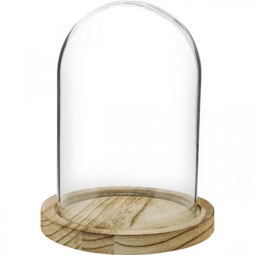 položky Ozdobný zvoneček, skleněná kupole s dřevěnou deskou, stolní dekorace V16cm Ø12,5cm