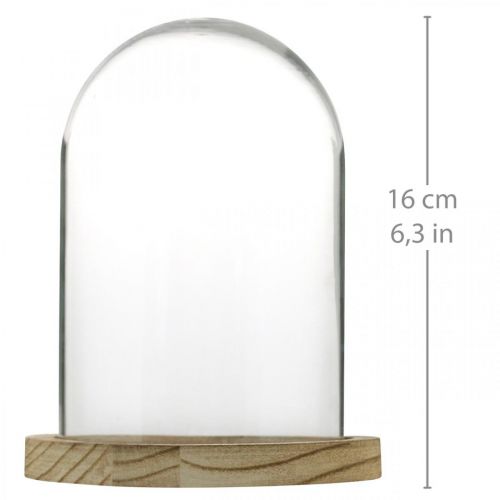 položky Ozdobný zvoneček, skleněná kupole s dřevěnou deskou, stolní dekorace V16cm Ø12,5cm