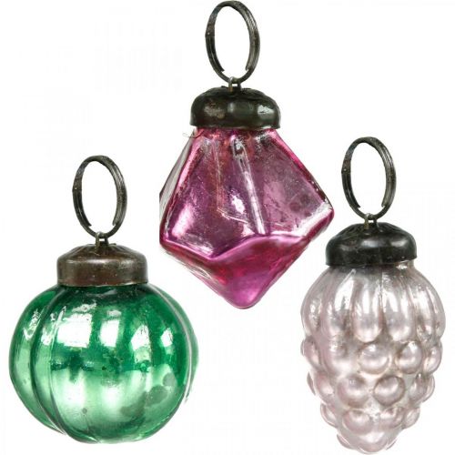 Floristik24 Směs skleněných kuliček, diamant/koule/kužel z pravého skla, starožitný vzhled Ø3–3,5 cm V4,5–5,5 cm 9 kusů