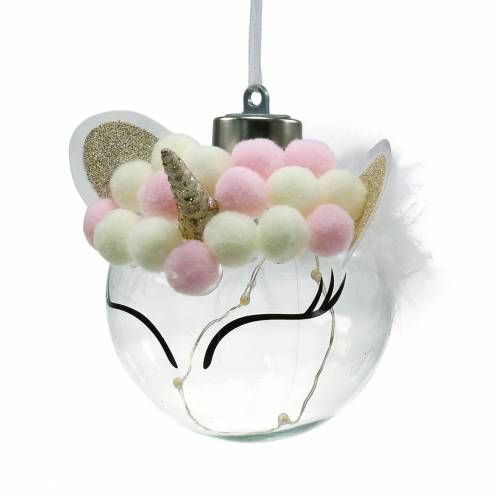 Floristik24 Vánoční stromeček koule jednorožec s LED světelným řetězem candy barvy, průhledné sklo, bambulka Ø8cm Na baterie