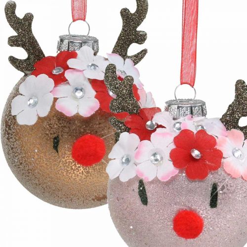 Floristik24 Vánoční koule na stromeček, sob s květinovým věncem, adventní dekorace, ozdoba na stromeček hnědá, růžové pravé sklo Ø8cm 2ks