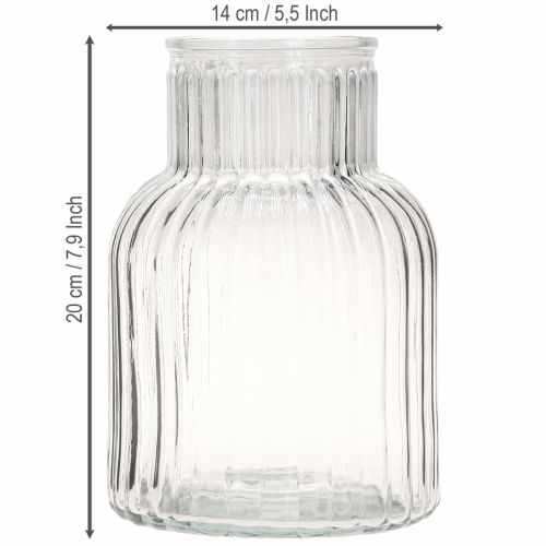 položky Skleněná váza váza na květiny skleněné drážky retro čirá Ø13,5cm H20cm