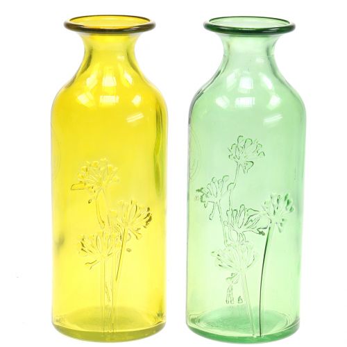 Floristik24 Skleněná váza láhev žlutá, zelená H19cm 2ks
