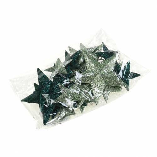 položky Sada třpytivých hvězd dekorativní věšáky a rozptylové dekorace smaragdová, světle zelená 9cm/5cm 18 kusů