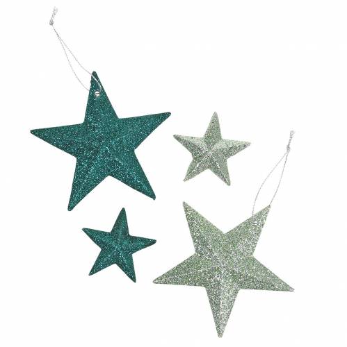 Třpytivá hvězda set deco věšák a rozptylová dekorace smaragdová, světle zelená 9cm/5cm 18 kusů
