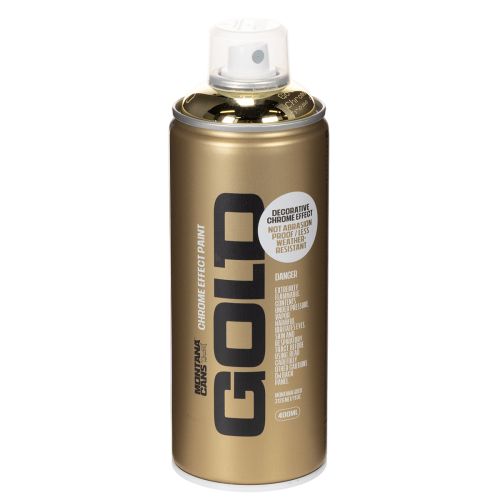 Dekorativní barva ve spreji s efektem zlatého chromu, Montana plechovky 400ml