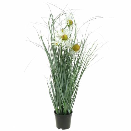 Umělá tráva s Echinaceou v bílém květináči 56cm
