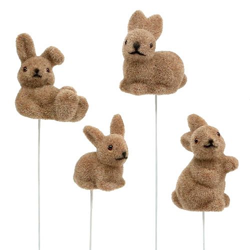Zajíček flockovaný na drátě hnědý 4cm - 6cm 12 ks