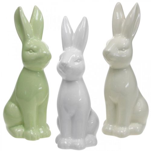 Porcelánový velikonoční zajíček sedící bílý, krémový, zelený H18cm 3ks