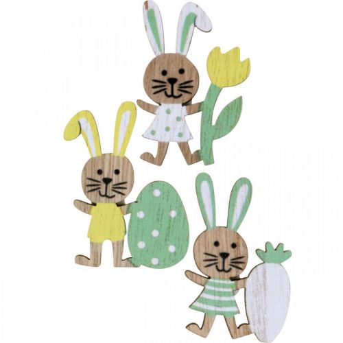 Floristik24 Velikonoční sypaná dekorace, zajíčci s vajíčkem, květinou a mrkví, velikonoční zajíček, sypané kousky s lepicí tečkou V5cm 48 kusů