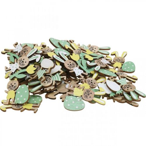 Floristik24 Velikonoční sypaná dekorace, zajíčci s vajíčkem, květinou a mrkví, velikonoční zajíček, sypané kousky s lepicí tečkou V5cm 48 kusů