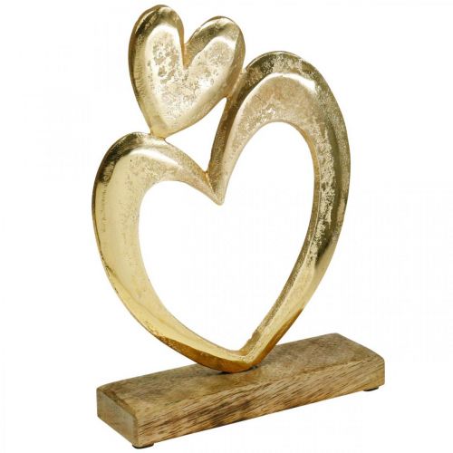 Floristik24 Kovové srdce zlaté, dekorativní srdce na mangovém dřevě, dekorace na stůl, dvojité srdce, Valentýn
