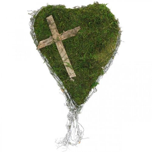 Náhrobní dekorace srdce vinné révy, mech s křížkem na hrobovou úpravu 30 × 20 cm
