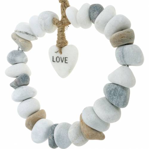 Floristik24 Srdce na zavěšení „Love“ z říčních oblázků Nature, šedá / bílá Ø18cm 1 ks