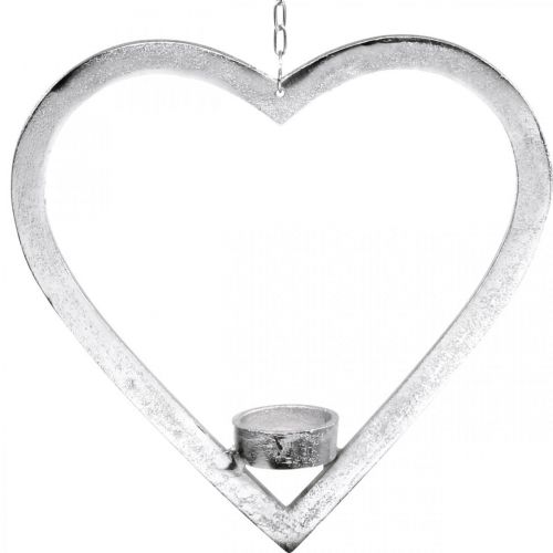 Floristik24 Srdce na zavěšení, svícen na adventní čajovou svíčku, svatební dekorace kovová stříbrná V24cm