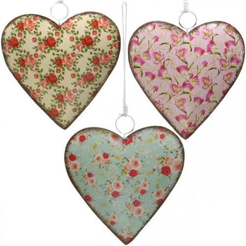 Floristik24 Srdce na zavěšení, Valentýn, dekorace srdce s růžemi, Den matek, kovová dekorace V16cm 3ks