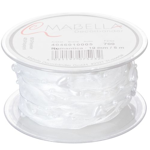 položky Svatební dekorační organzová stuha bílá 10mm x 5m se srdíčky a perlami