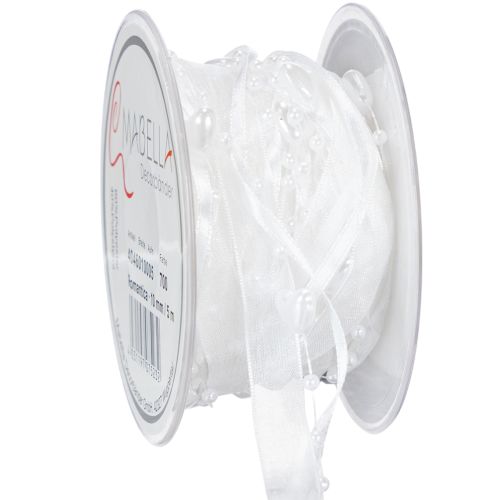 Floristik24 Svatební dekorační organzová stuha bílá 10mm x 5m se srdíčky a perlami