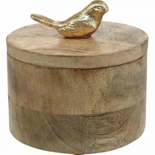 položky Šperkovnice s ptáčkem, pružina, deko krabička z mangového dřeva, pravé dřevo přírodní, zlatá V11cm Ø12cm