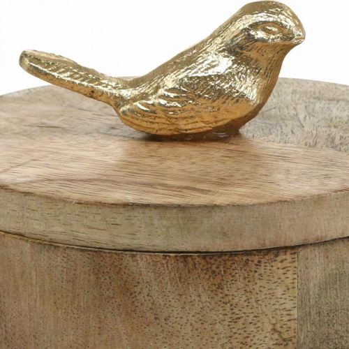 položky Šperkovnice s ptáčkem, pružina, deko krabička z mangového dřeva, pravé dřevo přírodní, zlatá V11cm Ø12cm