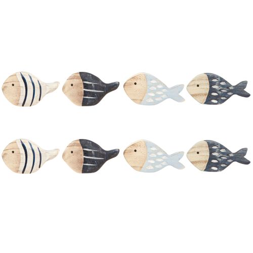 položky Dřevěná dekorace rybí námořní stůl Natural Blue White 8-9cm 8 ks