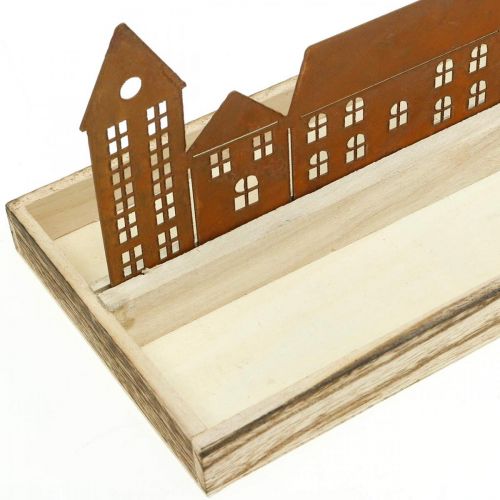 položky Dekorativní dřevěný tác obdélníkový s patinou domečky 50×17cm