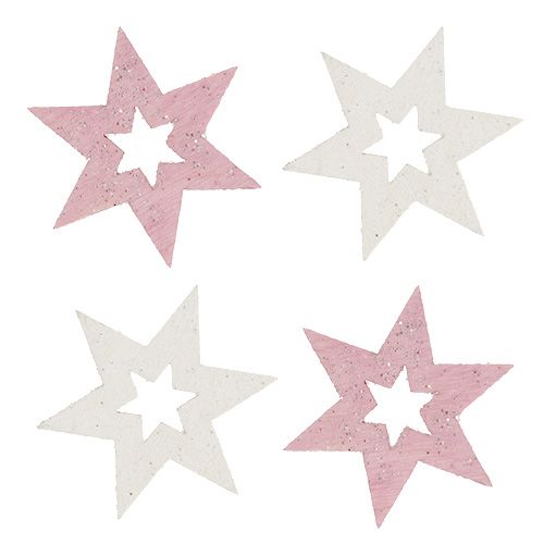 Dřevěná hvězda 3,5cm růžová / bílá se třpytkami 72ks