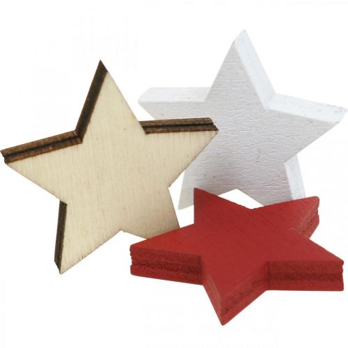 položky Bodová dekorace dřevěné hvězdy přírodní, červená, bílá 3cm mix 72 kusů