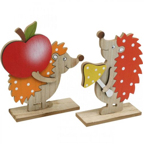 Podzimní figurka, ježek s jablkem a houbou, dřevěná dekorace oranžová / červená H24 / 23,5 cm sada 2 ks