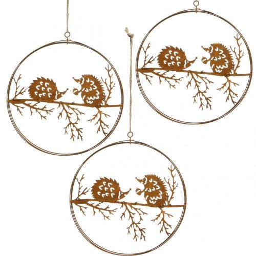 položky Kovový přívěsek, ježek na větvi, podzimní dekorace, ozdobný prsten nerez Ø15,5cm 3ks