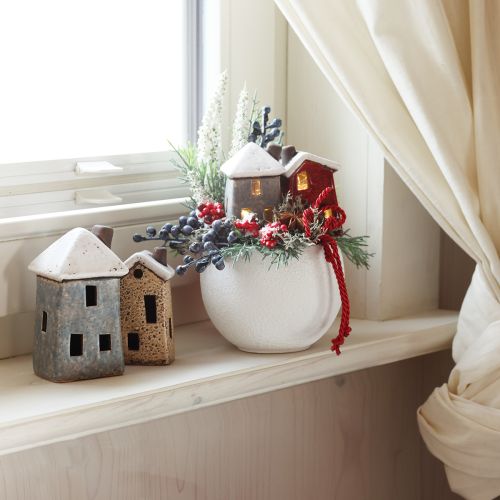 Keramická adventní dekorace domeček krémově červenošedá 8,5/9,5 cm 3 kusy
