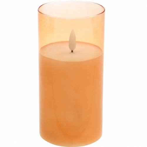 LED svíčka ve skle z pravého vosku oranžová Ø7,5cm H10cm