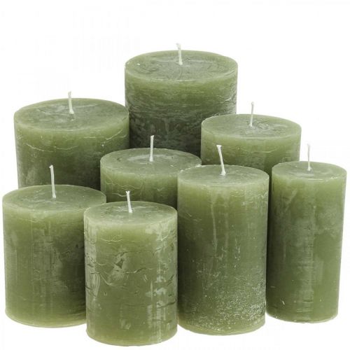 Floristik24 Jednobarevné svíčky olivově zelené různé velikosti