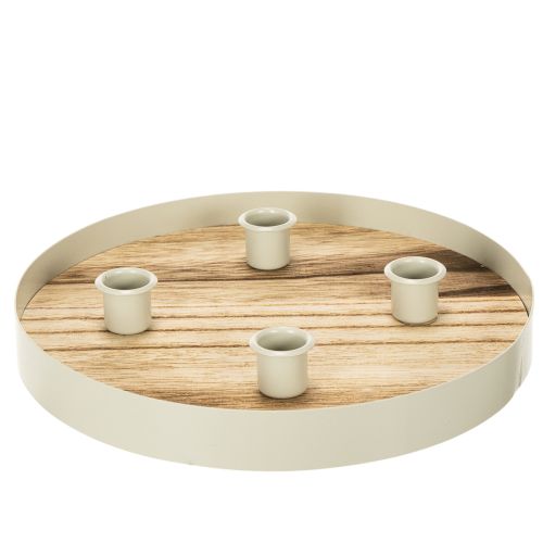 Svícen na čtyři kuželovité svíčky, kulatý dřevěný tác, 25 cm