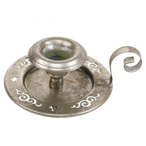 Svícen kovový talíř na svíčku s rukojetí stříbrná Ø12cm