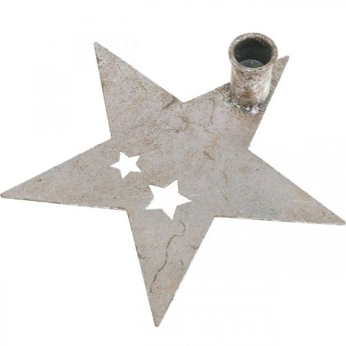 položky Kovová dekorace hvězda, kuželový svícen na vánoční stříbro, starožitný vzhled 20cm × 19,5cm