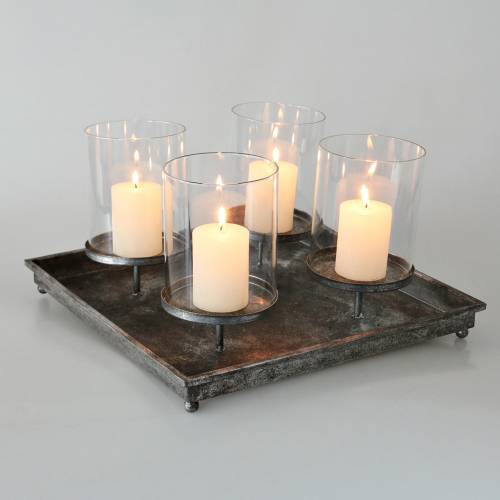Floristik24 Adventní tác se 4 svícny 40 × 40 cm starožitný vzhled kov / sklo stříbro