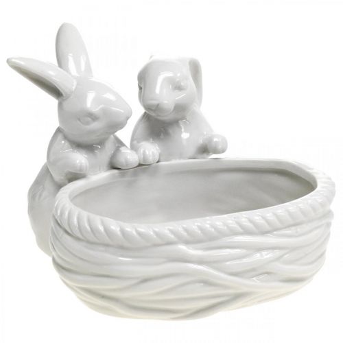 Floristik24 Králíci s hnízdem, dekorace na stůl, velikonoční hnízdo, dekorace z porcelánu, dekorativní miska bílá L15cm H11cm