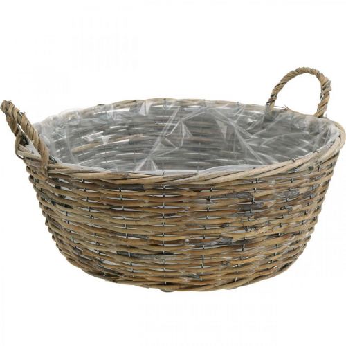 Košík s uchy, pletená dřevěná nádoba, miska na rostliny přírodní, bílá mytá V18,5cm Ø51cm