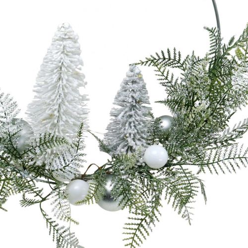 Floristik24 Světelný věnec s jedlemi a koulemi, adventní, zimní dekorace k zavěšení, LED ozdobný prsten stříbrný Š45cm Ø30cm