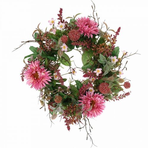 Podzimní věnec hedvábné květy růžová gerbera bodlák stolní věnec Ø32cm