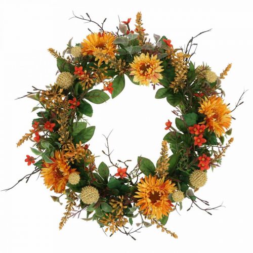Podzimní věnec Hedvábné květy Žlutá Gerbera Bodlákový nástěnný věnec Ø42cm