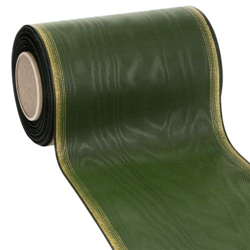 Věnečková stuha Moiré, 150 mm, tmavě zelená se zlatým perleťovým okrajem, taftová vazba, role 25 m pro dekoraci a design