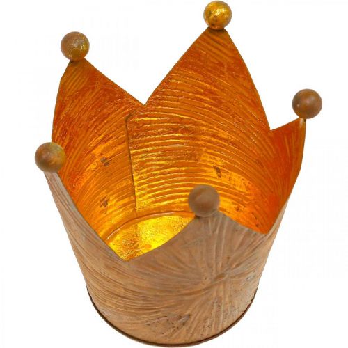 položky Kovová dekorace s korunkou na čajovou svíčku rezavě zlatého vzhledu V11cm