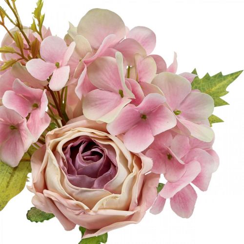 položky Umělá kytice, kytice hortenzie s růžemi růžová 32cm